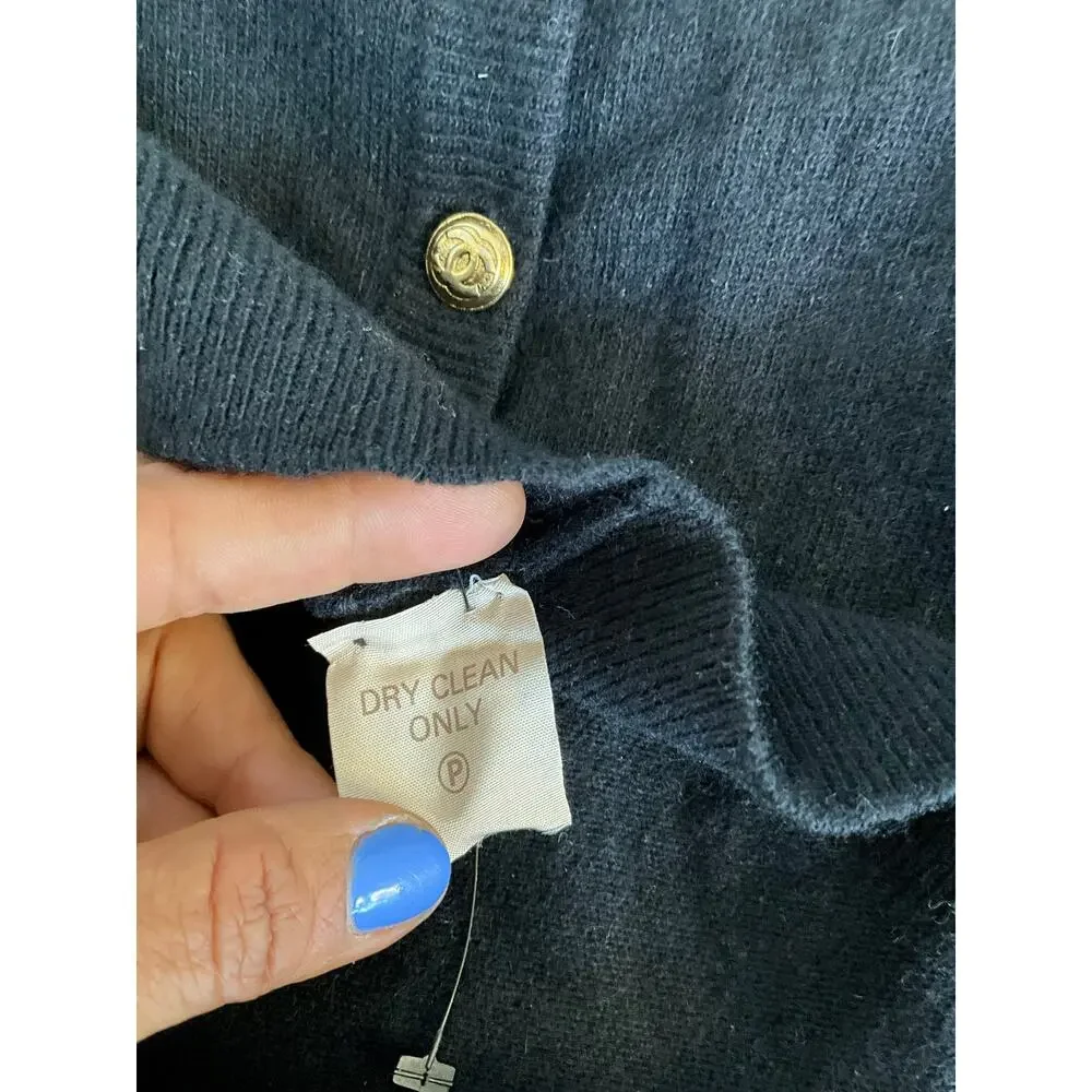 Chanel Vintage Black 100% Cashmere Sweater Gold CC Logo Buttons